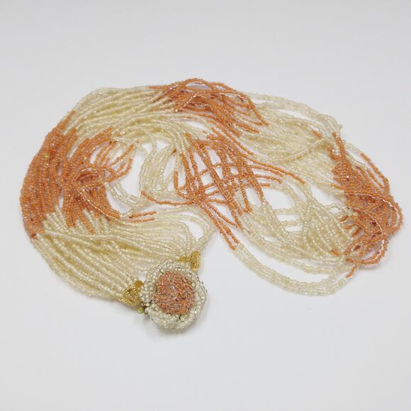 Japan 1950s Multi Strand Glass Seed Bead Necklace Beige Rust Vintage - Picture 9 of 10